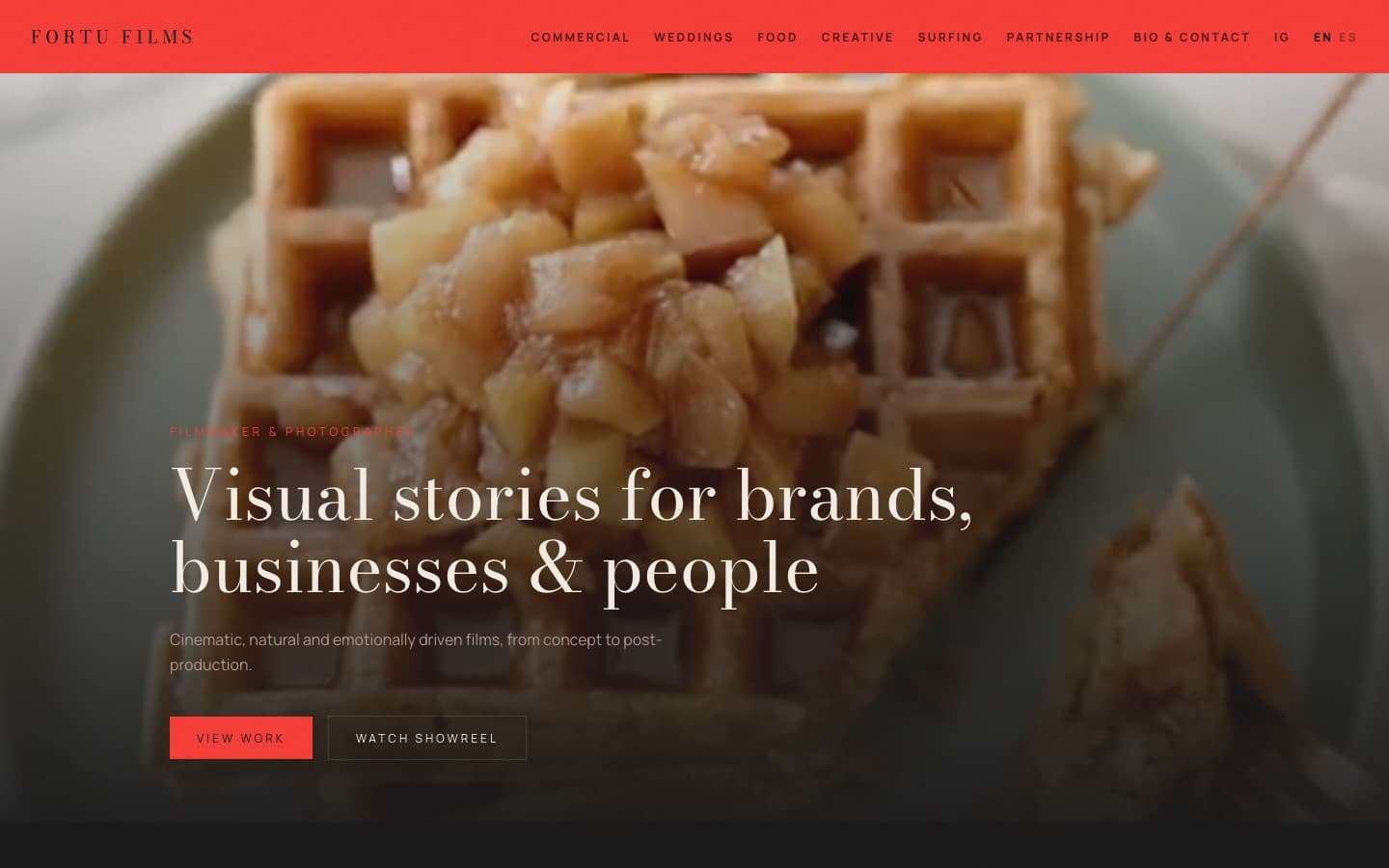 FortuFilms homepage — full-bleed film still with red navigation