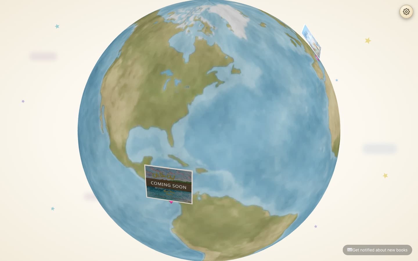 Oli the Owl Books homepage — 3D globe with postcards from each story's city