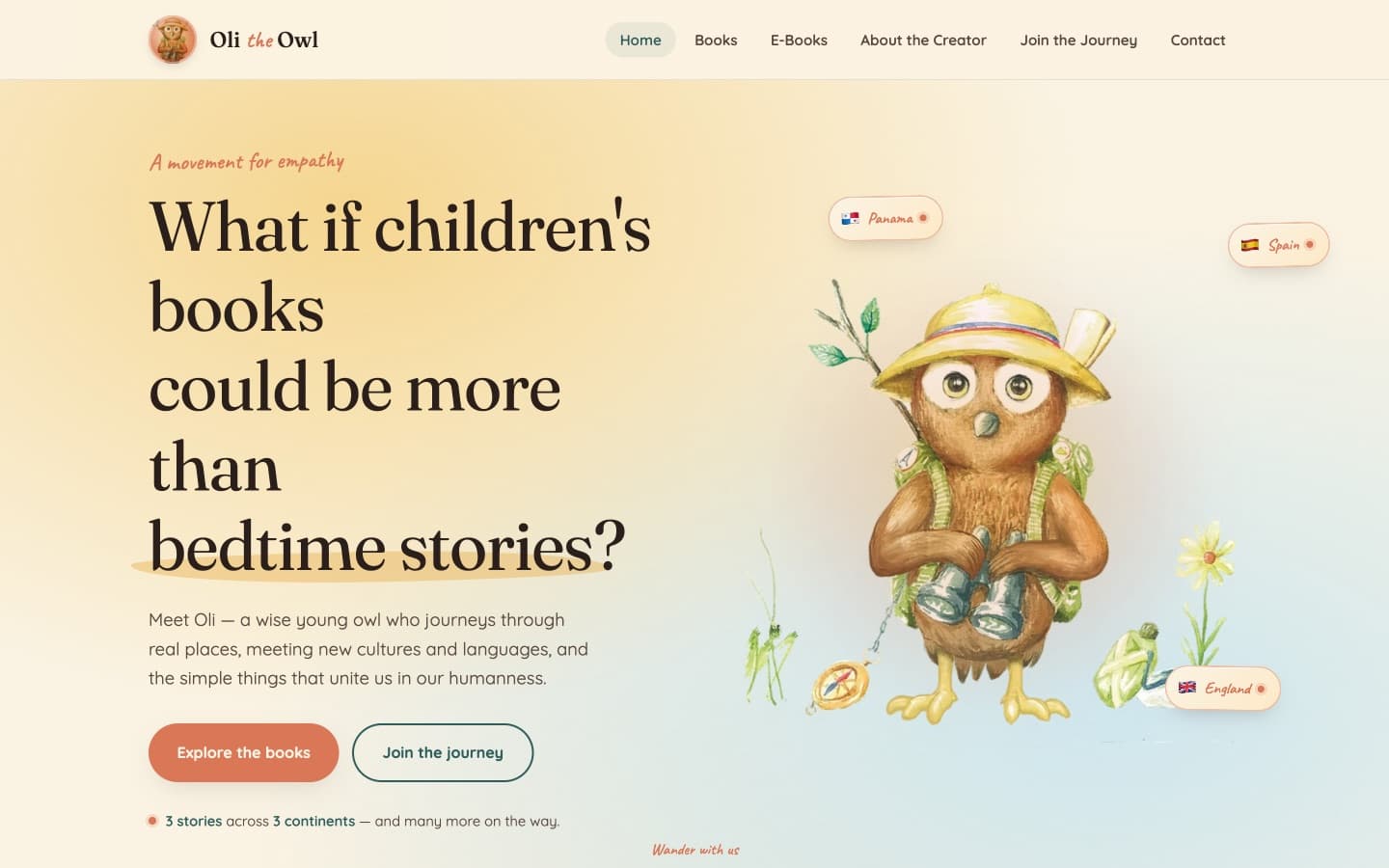 Oli the Owl homepage — watercolor hero introducing the book series